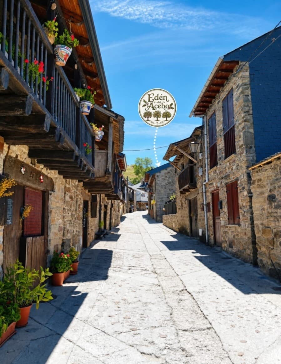 El Camino Real de El Acebo, con el albergue señalado entre sus casas de piedra