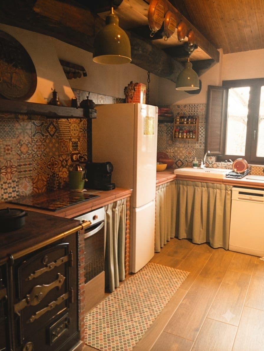 La cocina equipada, con su cocina de leña y la alacena de azulejos